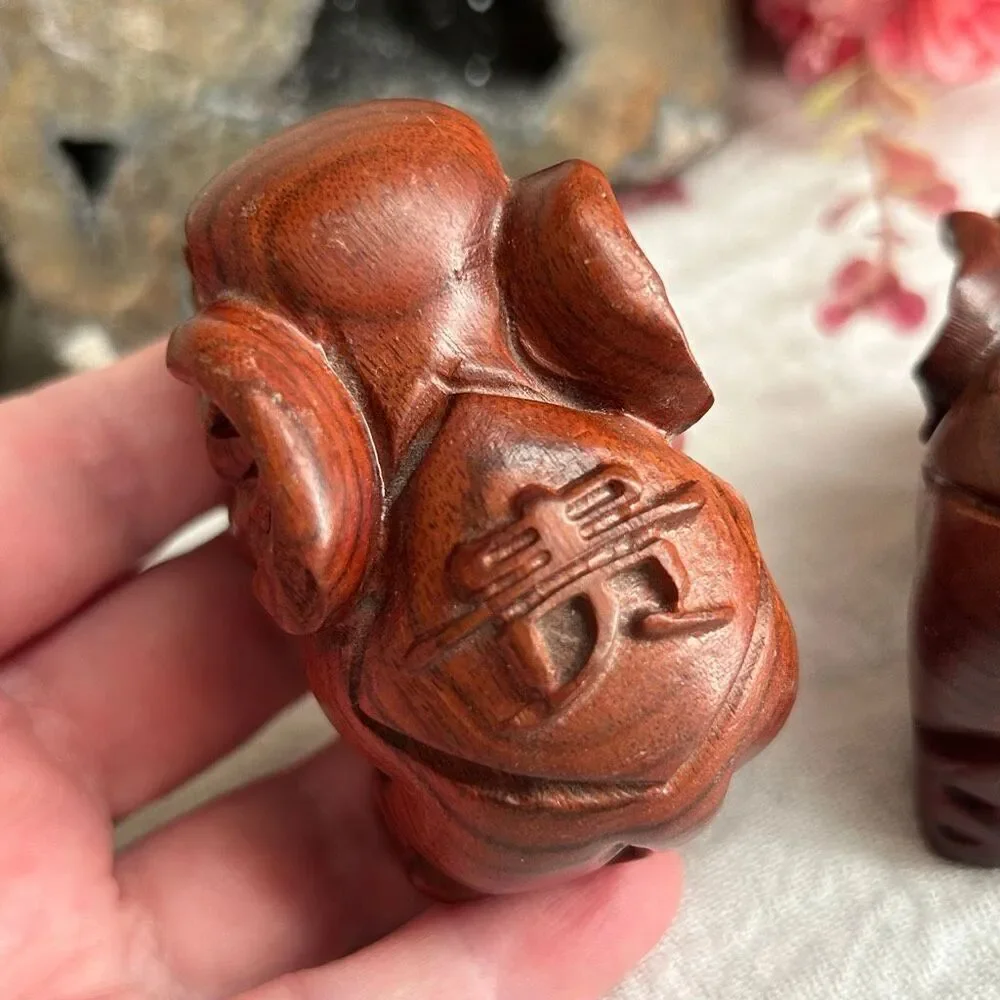 Set of 2 Small Protective Carved Wooden Elephants Long Life and Abundance
